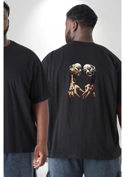 Yüz Yüze Ellerin Uyumu Büyük Beden Siyah Tişört Kadın Erkek Ünisex Sırt Baskılı fiyatları