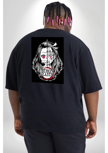 Anime Demon Slayer Büyük Beden Siyah Tişört Kadın Erkek Ünisex Sırt Baskılı