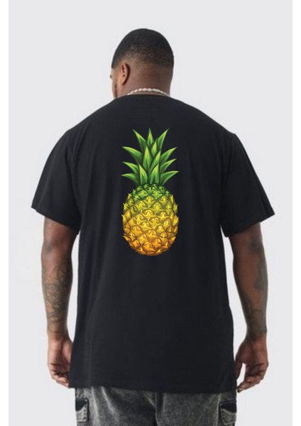 Ananas Meyve Büyük Beden Siyah Tişört Kadın Erkek Ünisex Sırt Baskılı