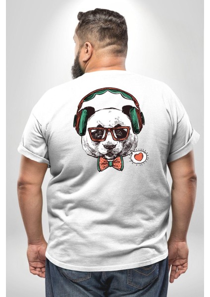 Kulaklıklı Hipster Portre Panda Büyük Beden Beyaz Tişört Kadın Erkek Ünisex Sırt Baskılı