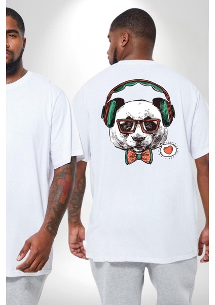 Kulaklıklı Hipster Portre Panda Büyük Beden Beyaz Tişört Kadın Erkek Ünisex Sırt Baskılı fiyatları
