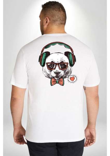 Kulaklıklı Hipster Portre Panda Büyük Beden Beyaz Tişört Kadın Erkek Ünisex Sırt Baskılı fırsatları