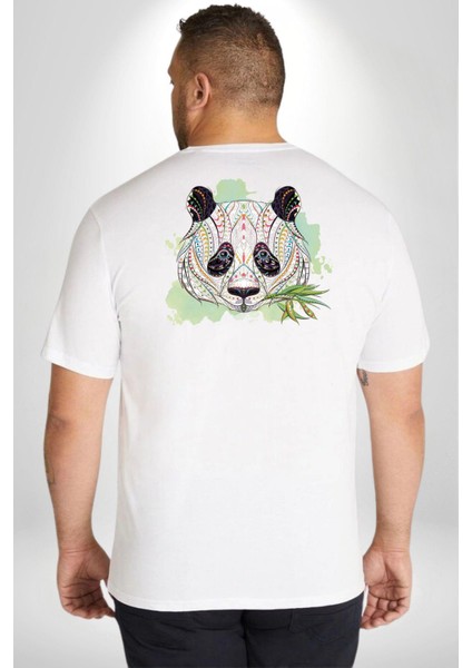 Panda Mandala Büyük Beden Beyaz Tişört Kadın Erkek Ünisex Sırt Baskılı