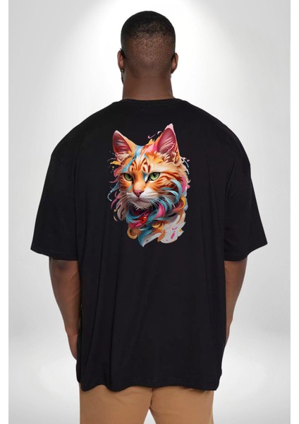 Hayvan Kedi Sanat Potre Büyük Beden Siyah Tişört Kadın Erkek Ünisex Sırt Baskılı