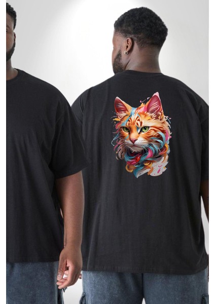 Hayvan Kedi Sanat Potre Büyük Beden Siyah Tişört Kadın Erkek Ünisex Sırt Baskılı fiyatları