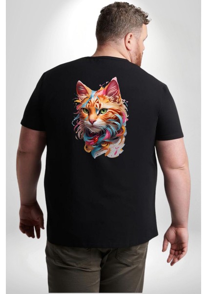 Hayvan Kedi Sanat Potre Büyük Beden Siyah Tişört Kadın Erkek Ünisex Sırt Baskılı fırsatları