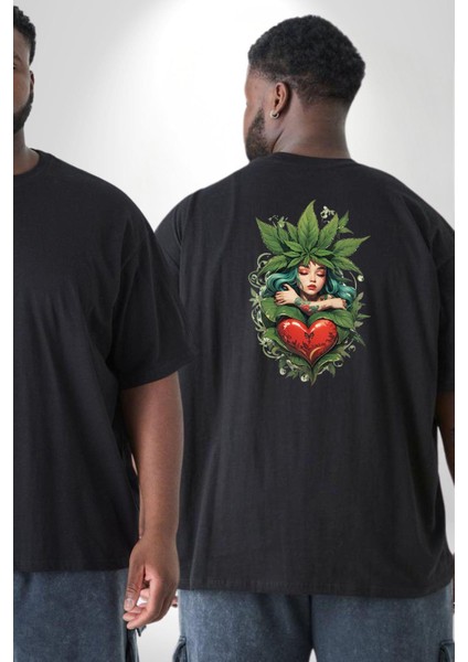 Kalp Parmak Kız Yeşillik Mutluluk Büyük Beden Siyah Tişört Kadın Erkek Ünisex Sırt Baskılı fiyatları