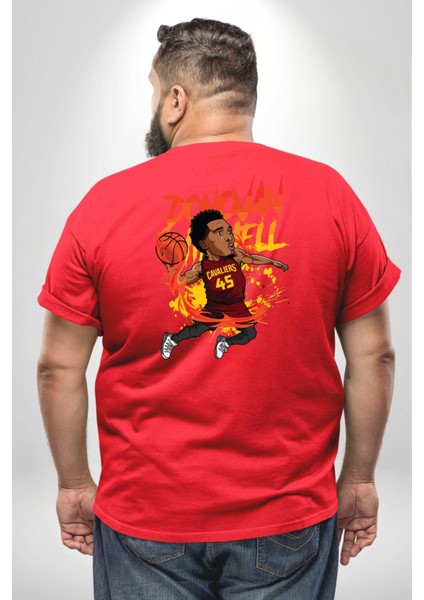 Donovan Mitchell Basketbol Karikatür Büyük Beden Kırmızı Tişört Kadın Erkek Ünisex Sırt Baskılı