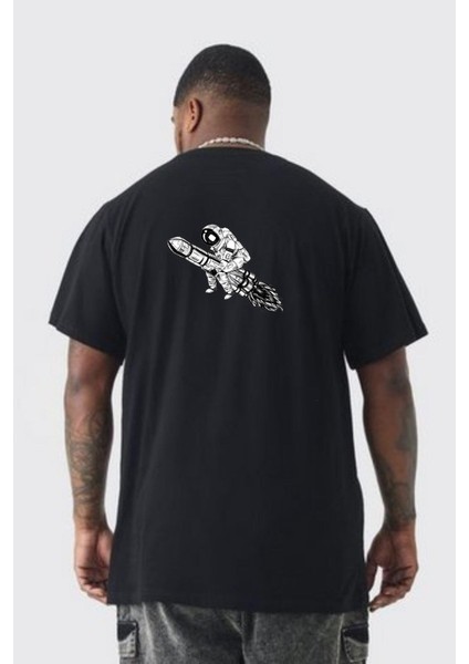 Roket Astronot Büyük Beden Siyah Tişört Kadın Erkek Ünisex Sırt Baskılı