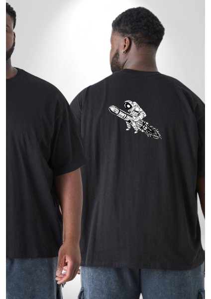 Roket Astronot Büyük Beden Siyah Tişört Kadın Erkek Ünisex Sırt Baskılı fiyatları