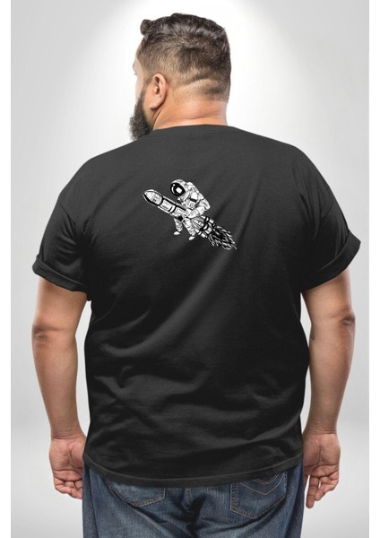 Roket Astronot Büyük Beden Siyah Tişört Kadın Erkek Ünisex Sırt Baskılı fırsatları