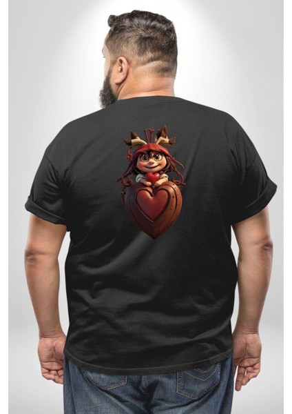 Çikolata Kız Kalbi Büyük Beden Siyah Tişört Kadın Erkek Ünisex Sırt Baskılı