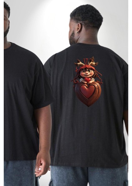 Çikolata Kız Kalbi Büyük Beden Siyah Tişört Kadın Erkek Ünisex Sırt Baskılı fiyatları