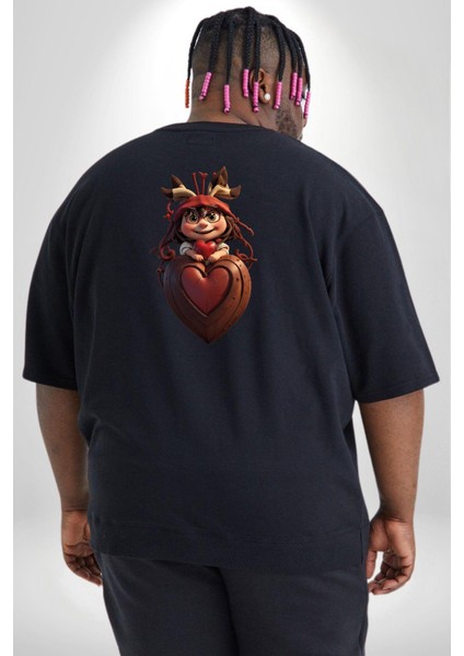 Çikolata Kız Kalbi Büyük Beden Siyah Tişört Kadın Erkek Ünisex Sırt Baskılı fırsatları