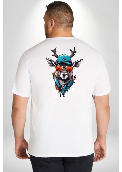 Güneş Gözlüğü Savaşcı Geyik Büyük Beden Beyaz Tişört Kadın Erkek Ünisex Sırt Baskılı