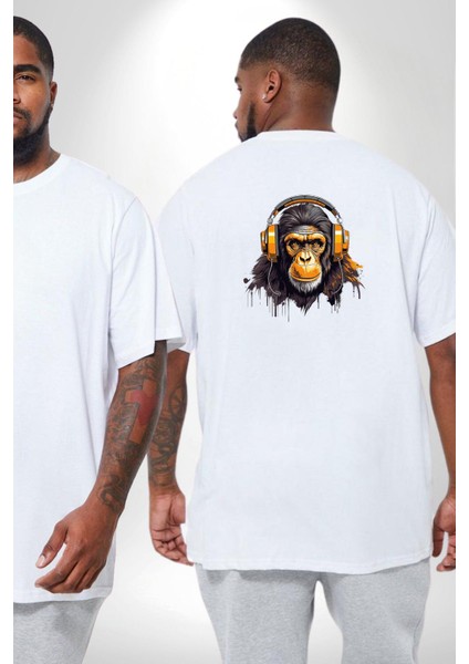 Maymun Altın Kulaklık Müzik Büyük Beden Beyaz Tişört Kadın Erkek Ünisex Sırt Baskılı fiyatları