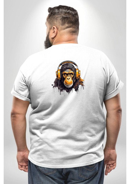 Maymun Altın Kulaklık Müzik Büyük Beden Beyaz Tişört Kadın Erkek Ünisex Sırt Baskılı fırsatları