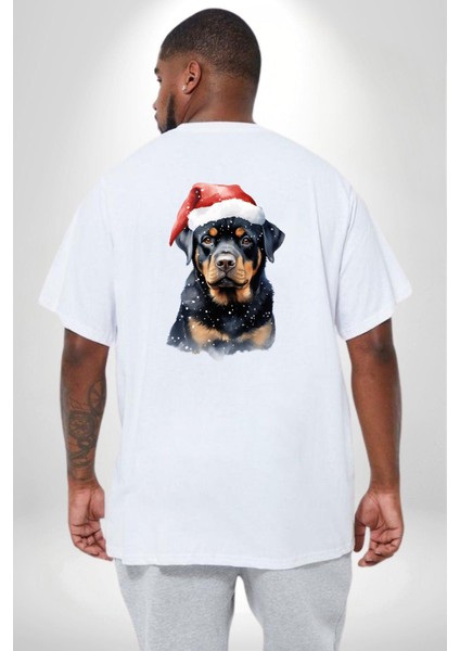 Yeni Yıl Noel Rottweiler Büyük Beden Beyaz Tişört Kadın Erkek Ünisex Sırt Baskılı