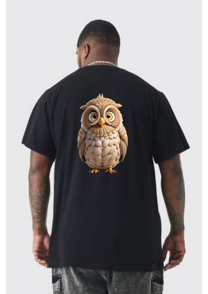 Baykuş Büyük Beden Siyah Tişört Kadın Erkek Ünisex Sırt Baskılı