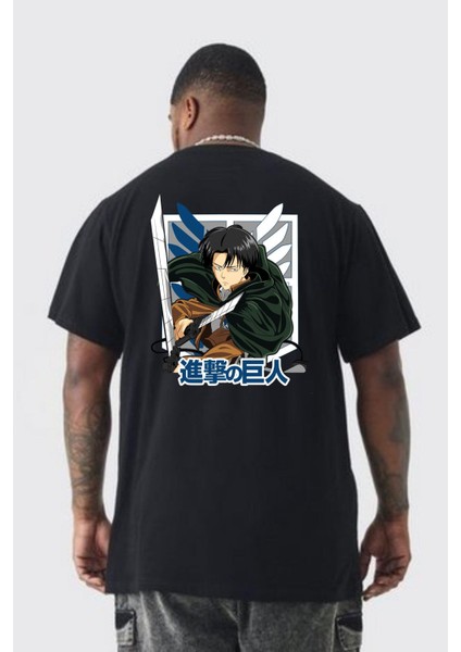 Anime Levi Ackerman Beyaz Ve Siyah Kanatlar Büyük Beden Siyah Tişört Kadın Erkek Ünisex Sırt Baskılı