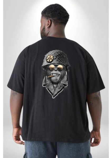 Asker Goril Komutan Büyük Beden Siyah Tişört Kadın Erkek Ünisex Sırt Baskılı