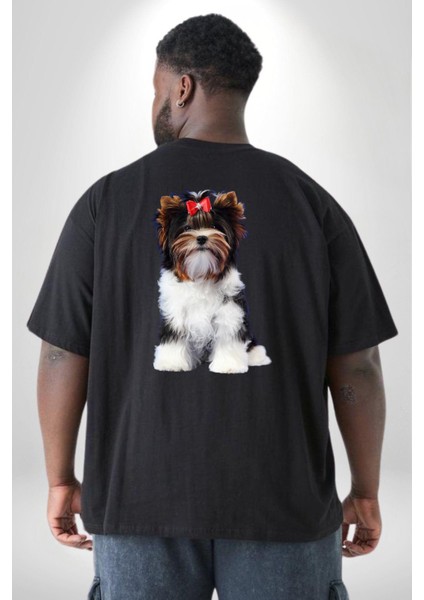 Biewer Yorshire Terrier Büyük Beden Siyah Tişört Kadın Erkek Ünisex Sırt Baskılı fırsatları