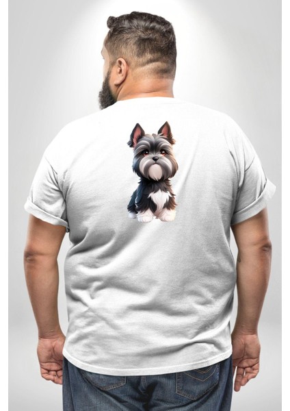 Sevimli Beyaz Gri Köpek Büyük Beden Beyaz Tişört Kadın Erkek Ünisex Sırt Baskılı