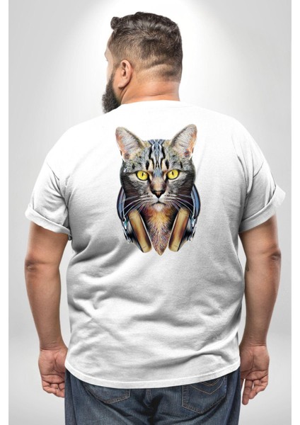Kulaklık Kedi Büyük Beden Beyaz Tişört Kadın Erkek Ünisex Sırt Baskılı