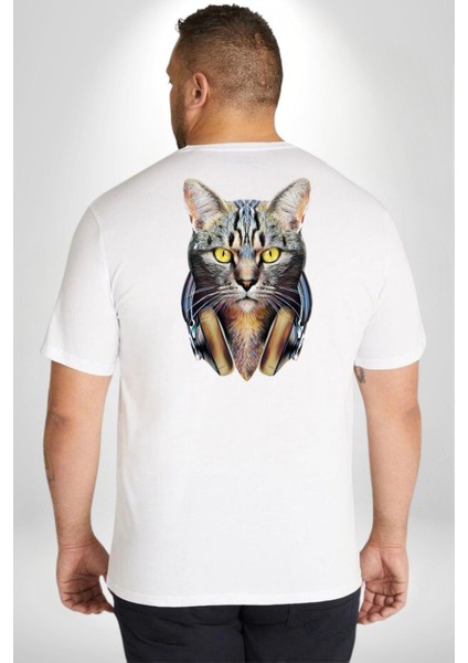 Kulaklık Kedi Büyük Beden Beyaz Tişört Kadın Erkek Ünisex Sırt Baskılı fırsatları