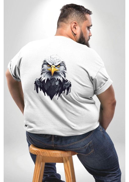 Beyaz Beyaz Şahin Kafası Büyük Beden Beyaz Tişört Kadın Erkek Ünisex Sırt Baskılı