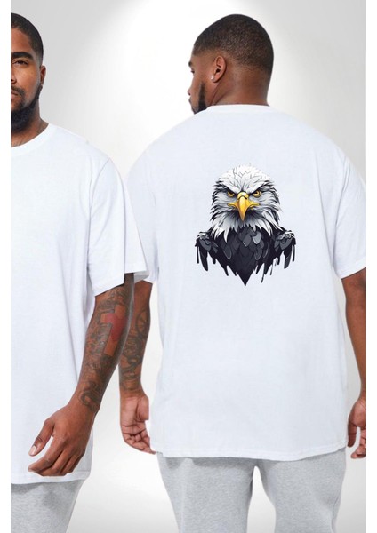 Beyaz Beyaz Şahin Kafası Büyük Beden Beyaz Tişört Kadın Erkek Ünisex Sırt Baskılı fiyatları