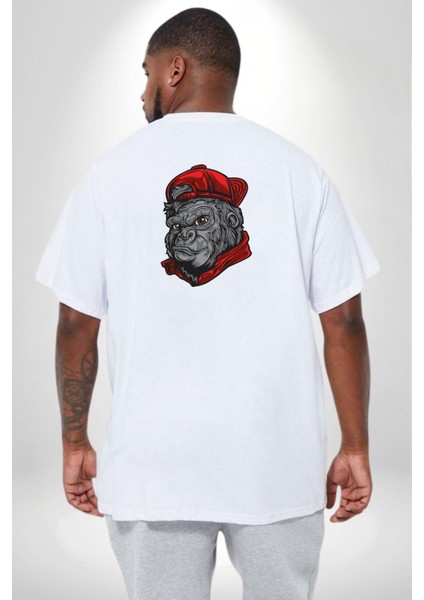 Beyaz Şapka Maymun Büyük Beden Beyaz Tişört Kadın Erkek Ünisex Sırt Baskılı