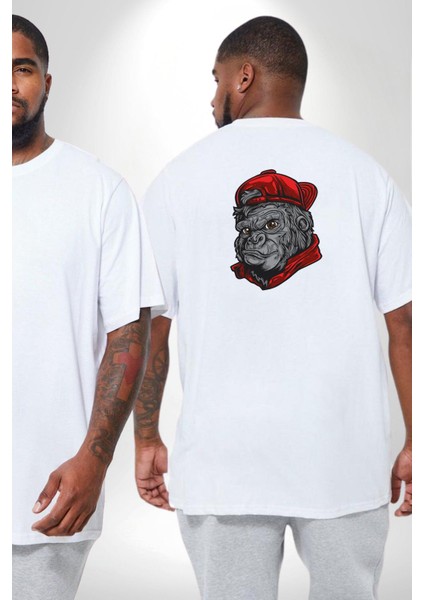 Beyaz Şapka Maymun Büyük Beden Beyaz Tişört Kadın Erkek Ünisex Sırt Baskılı fiyatları