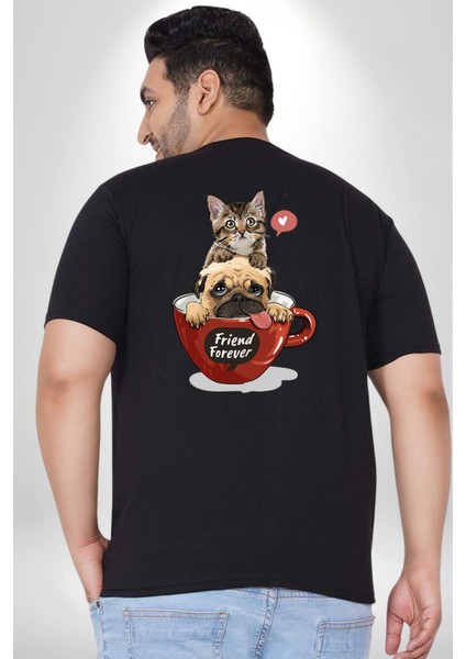 Kedi Ve Köpek Sonsuzadek Arkadaşız Büyük Beden Siyah Tişört Kadın Erkek Ünisex Sırt Baskılı
