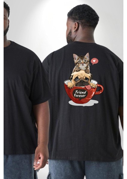 Kedi Ve Köpek Sonsuzadek Arkadaşız Büyük Beden Siyah Tişört Kadın Erkek Ünisex Sırt Baskılı fiyatları