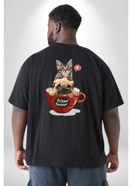 Kedi Ve Köpek Sonsuzadek Arkadaşız Büyük Beden Siyah Tişört Kadın Erkek Ünisex Sırt Baskılı fırsatları