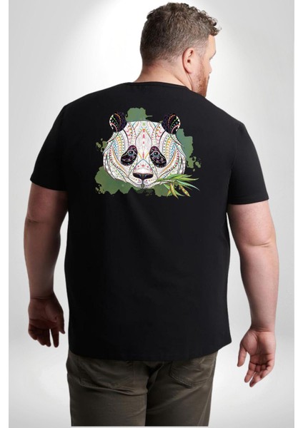 Panda Mandala Büyük Beden Siyah Tişört Kadın Erkek Ünisex Sırt Baskılı