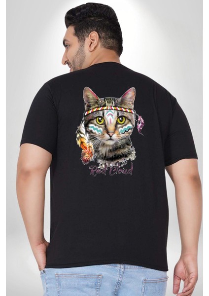 Red Cloud Kedi Hintli Büyük Beden Siyah Tişört Kadın Erkek Ünisex Sırt Baskılı