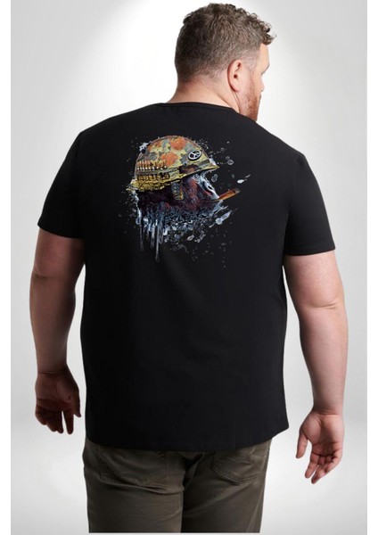 Kasket Miğfer Goril Savaşcı Büyük Beden Siyah Tişört Kadın Erkek Ünisex Sırt Baskılı