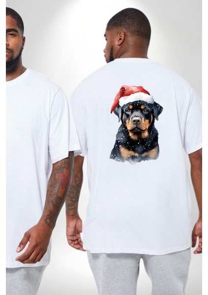 Yeni Yıl Noel Rottweiler Büyük Beden Beyaz Tişört Kadın Erkek Ünisex Sırt Baskılı fiyatları