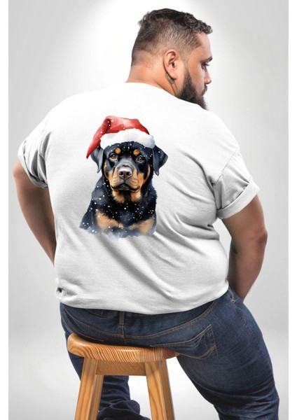 Yeni Yıl Noel Rottweiler Büyük Beden Beyaz Tişört Kadın Erkek Ünisex Sırt Baskılı fırsatları
