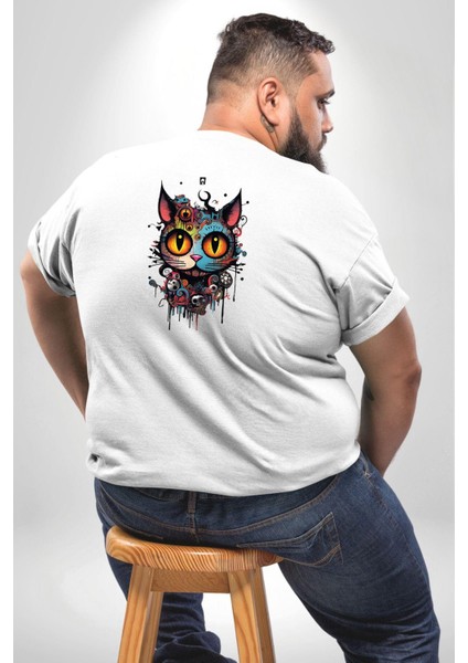 Meksikalı Alebrije Kedi Fütüristik Kedi Büyük Beden Beyaz Tişört Kadın Erkek Ünisex Sırt Baskılı fırsatları
