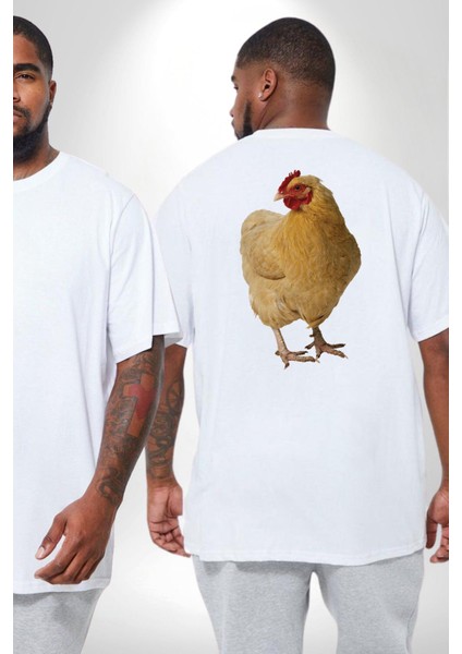 Tavuk Büyük Beden Beyaz Tişört Kadın Erkek Ünisex Sırt Baskılı fiyatları