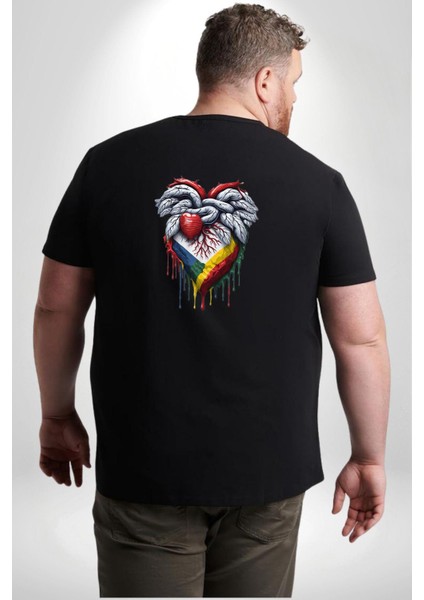 Kalp Damar Renkli Boyalı Büyük Beden Siyah Tişört Kadın Erkek Ünisex Sırt Baskılı