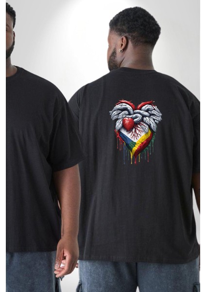 Kalp Damar Renkli Boyalı Büyük Beden Siyah Tişört Kadın Erkek Ünisex Sırt Baskılı fiyatları