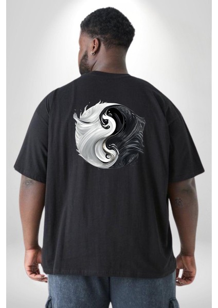 Siyah Beyaz Ying Yang Büyük Beden Siyah Tişört Kadın Erkek Ünisex Sırt Baskılı