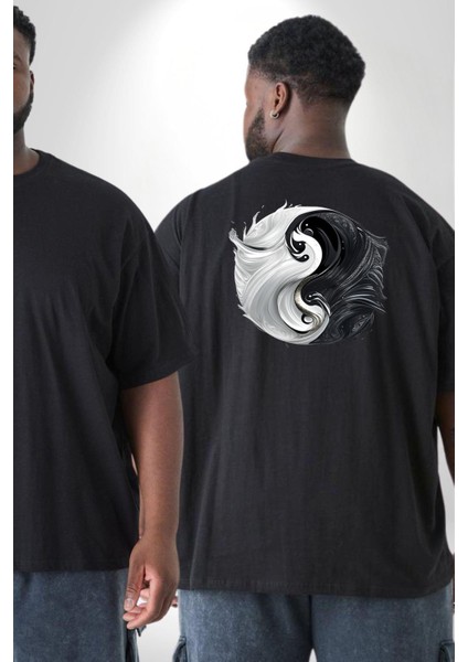 Siyah Beyaz Ying Yang Büyük Beden Siyah Tişört Kadın Erkek Ünisex Sırt Baskılı fiyatları