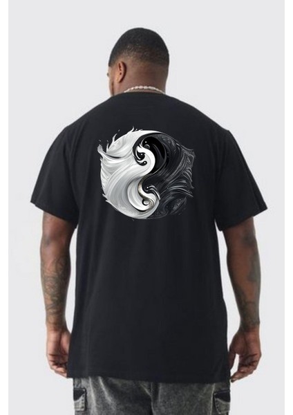 Siyah Beyaz Ying Yang Büyük Beden Siyah Tişört Kadın Erkek Ünisex Sırt Baskılı fırsatları