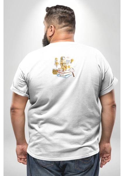 Astronot Kitap Füze Saat Ampül Büyüteç Büyük Beden Beyaz Tişört Kadın Erkek Ünisex Sırt Baskılı fırsatları