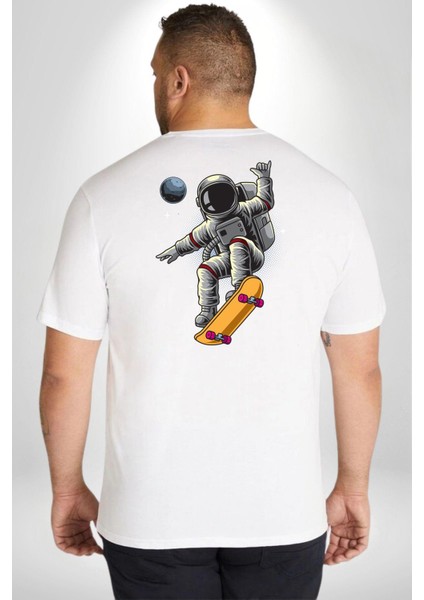 Atronot Kaykay Uzay Mars Büyük Beden Beyaz Tişört Kadın Erkek Ünisex Sırt Baskılı